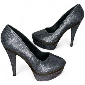 Promise Stiletto Platform Glitter Sparkly Steel Gray / Pewter High Heels Size 9